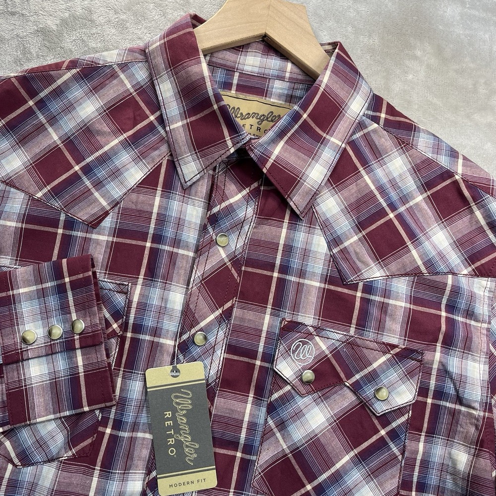 Wrangler Pearl Snap Western Shirt Mens L Tall Modern Fit Retro Plaid NEW